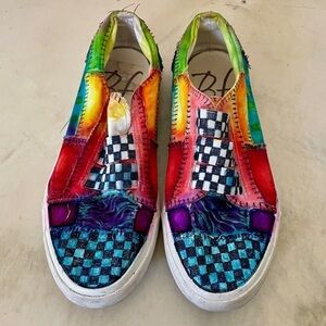 Upcycled Slip-On Shoes | Multicolored Checkerboard Art | Size 8